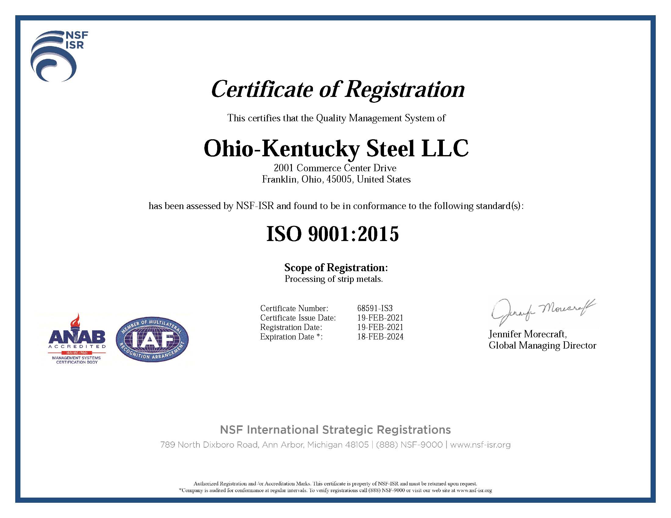 Certificate of Registration - Ohio-Kentucky Steel, LLC. ISO