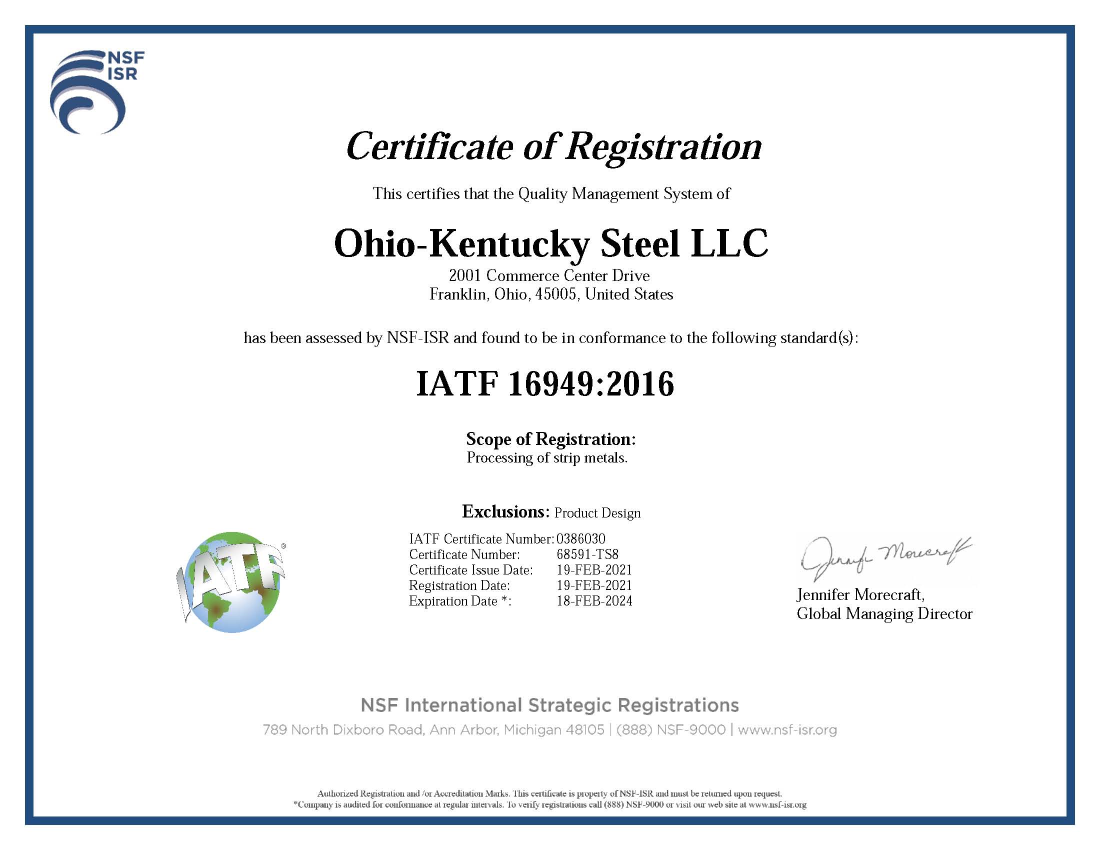 Certificate of Registration - Ohio-Kentucky Steel, LLC. IAF